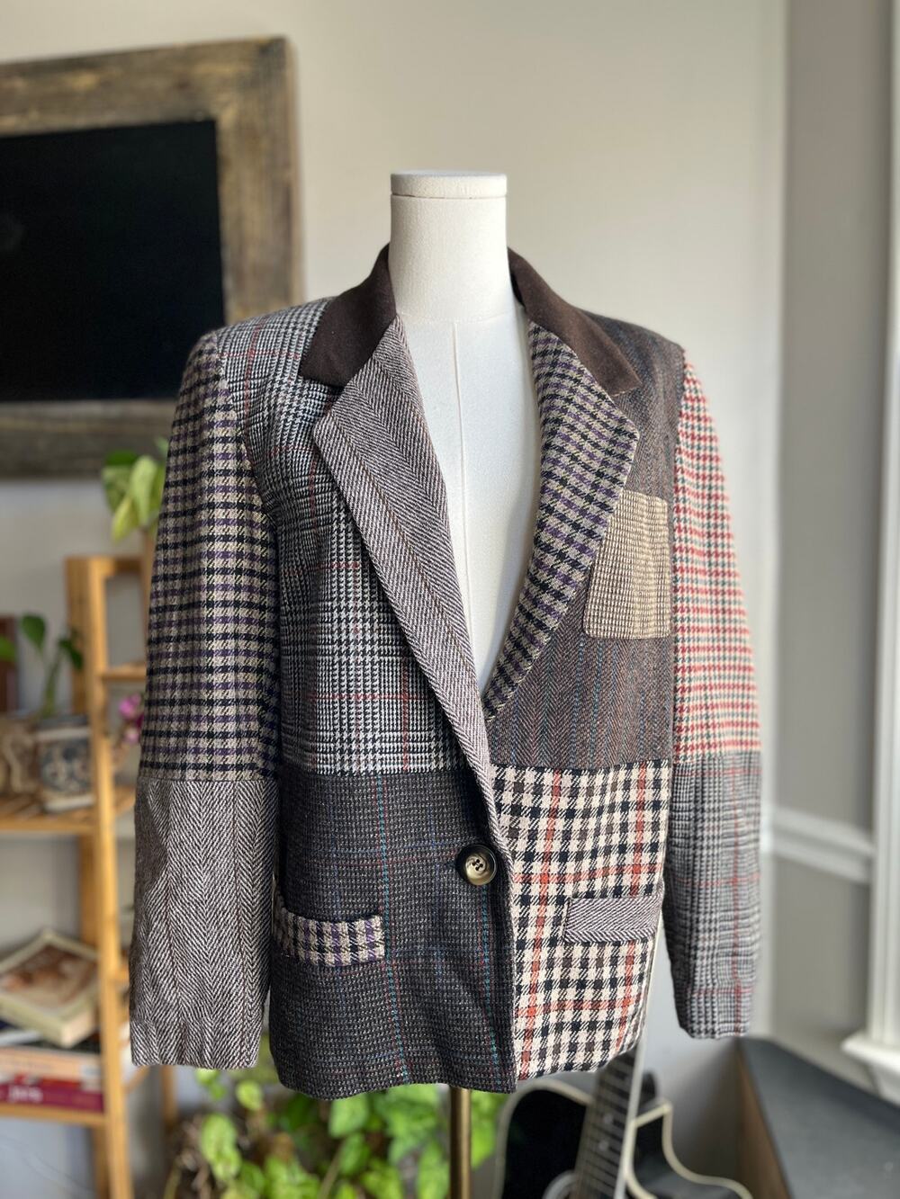 Vintage 90s Patchwork Blazer Plaid Brown Wool Blend Jacket Size Small